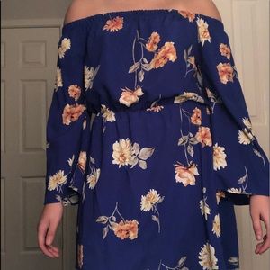 Blue strapless bell sleeved dress